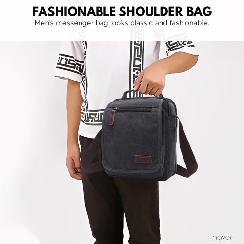 Small Canvas Messenger Bag, Crossbody Shoulder Bags Vertical Satchel Purse for Travel Work Business Men Women, Black