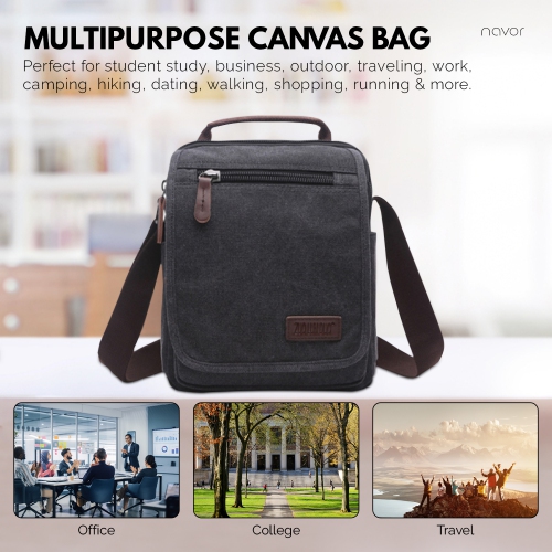 Small Canvas Messenger Bag, Crossbody Shoulder Bags Vertical Satchel Purse for Travel Work Business Men Women, Black