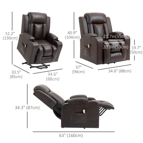 Fauteuil inclinable électrique pour personnes âgées de HOMCOM, fauteuil inclinable en cuir PU avec repose-pieds, télécommande, pochettes latérales et