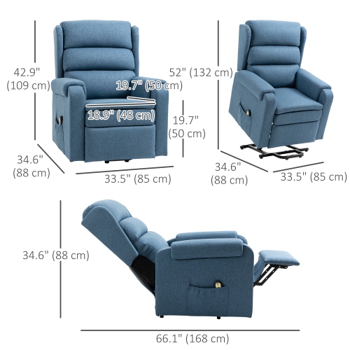 HOMCOM Power Lift Chair for Elderly, Linen Fabric Wingback Recliner Chair with Footrest and Pockets for Living Room, Blue