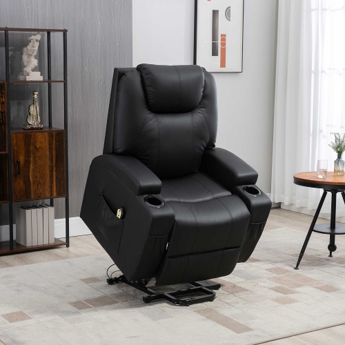 HOMCOM Power Lift Recliner Chair for Elderly, PU Leather Lift Chair with Footrest, Remote Control, Side Pockets and Cup Holders, Reclining Sofa for