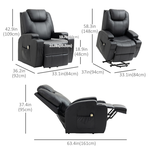 HOMCOM Power Lift Recliner Chair for Elderly, PU Leather Lift Chair with Footrest, Remote Control, Side Pockets and Cup Holders, Reclining Sofa for
