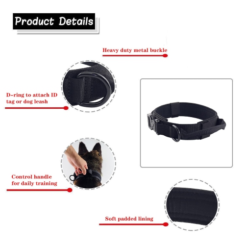 Collier de chien réglable en tissu de nylon avec boucle en métal robuste avec poignée de contrôle pour dressage de chien
