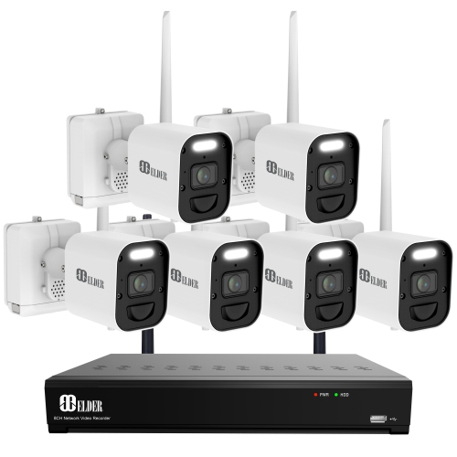 Elder Wireless Security Camera System 2K Wire-Free, 8Ch NVR 6-Camera Battery WiFi Surveillance Outdoor 1TB Home DIY Spotlight Deterrence, Two-Way Tal