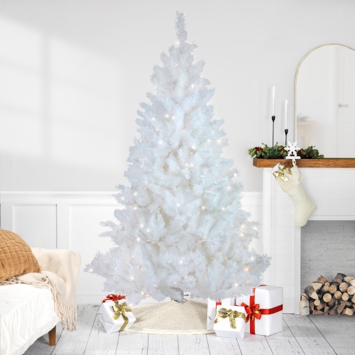 Image 1 de 6.. Sapin de Noël artificiel en pin d'Alaska blanc pré-éclairé - 6,5 pi - lumières à DEL blanc chaud