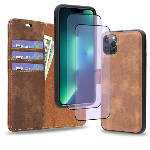 Luxury Leather Wallet Case & 2x Anti Blue Light Films For iPhone 13 Pro Max 6.7"