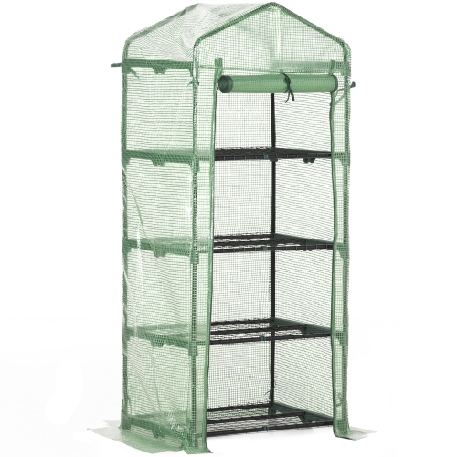 Outsunny 28" x 20" x 63" Portable Greenhouse with 4 Tier Shelves Outdoor Hot House Plant Flower Greenhouse, Steel Frame, PE Cover, Dark Green