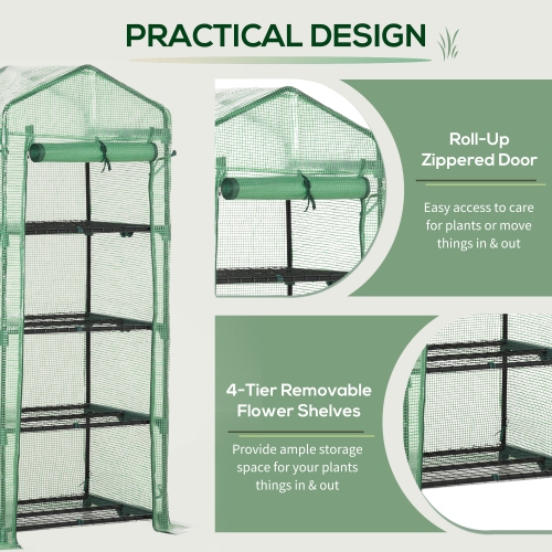 Outsunny 28" x 20" x 63" Portable Greenhouse with 4 Tier Shelves Outdoor Hot House Plant Flower Greenhouse, Steel Frame, PE Cover, Dark Green