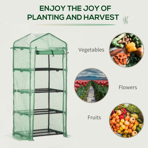 Outsunny 28" x 20" x 63" Portable Greenhouse with 4 Tier Shelves Outdoor Hot House Plant Flower Greenhouse, Steel Frame, PE Cover, Dark Green