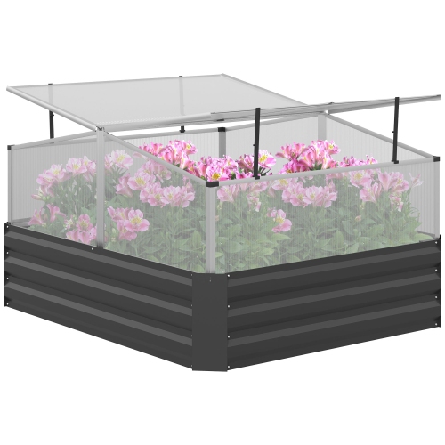 OUTSUNNY  Galvanized Raised Garden Bed \w Greenhouse, Steel Planters for Outdoor Plants, Flowers, Herbs And Vegetables, Use for Patio, Backyard