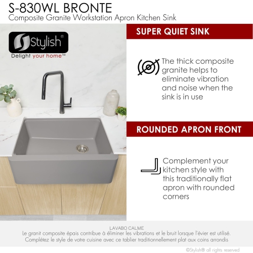 Stylish Farmhouse/Apron Front 30 inch Grey Composite Granite Workstation Single Bowl Kitchen Sink S-830WL