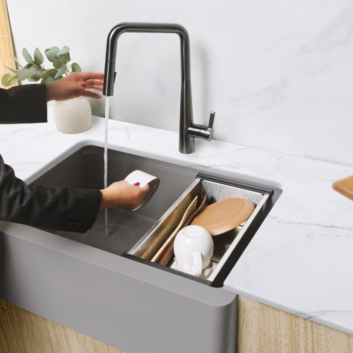 Stylish Farmhouse/Apron Front 30 inch Grey Composite Granite Workstation Single Bowl Kitchen Sink S-830WL