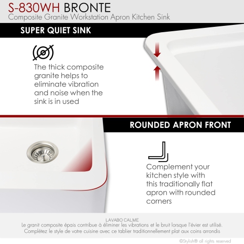 Stylish Farmhouse/Apron Front 30 inch White Composite Granite Workstation Single Bowl Kitchen Sink S-830WH