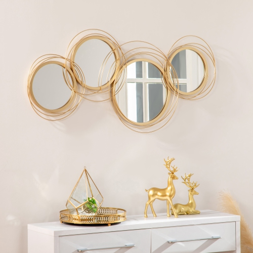 HOMCOM Metal Wall Art Gold Frame Circle Bathroom Mirror Decor Home Hanging Wall Sculptures for Living Room Bedroom Dining Room, 42.25" W x 22" H, Gold