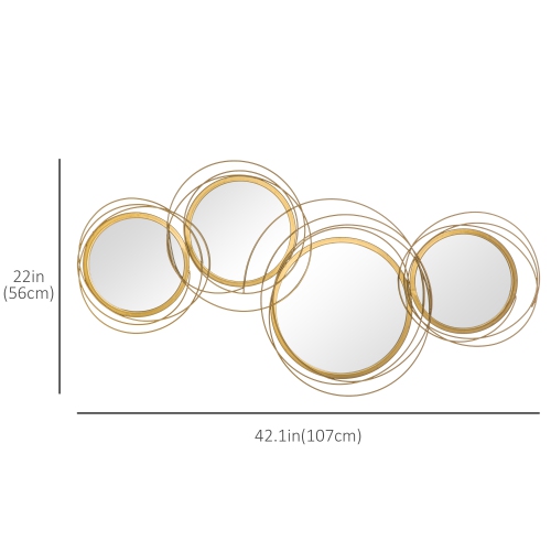 HOMCOM Metal Wall Art Gold Frame Circle Bathroom Mirror Decor Home Hanging Wall Sculptures for Living Room Bedroom Dining Room, 42.25" W x 22" H, Gold