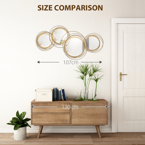 HOMCOM Metal Wall Art Gold Frame Circle Bathroom Mirror Decor Home Hanging Wall Sculptures for Living Room Bedroom Dining Room, 42.25" W x 22" H, Gold
