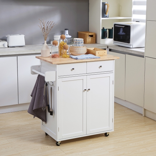 HOMCOM Rolling Kitchen Island with Storage, Kitchen Cart with Rubber Wood Top, Adjustable Shelf, Towel Rack, Hooks and Storage Drawers, White