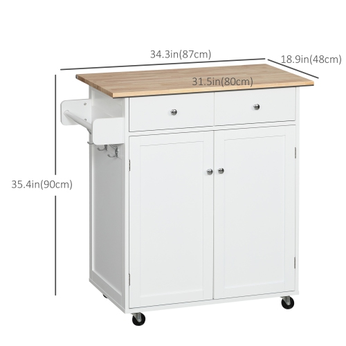 HOMCOM Rolling Kitchen Island with Storage, Kitchen Cart with Rubber Wood Top, Adjustable Shelf, Towel Rack, Hooks and Storage Drawers, White