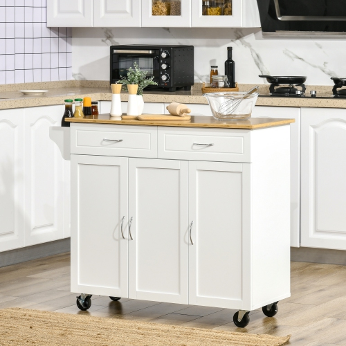 HOMCOM Rolling Kitchen Island on Wheels with Bamboo Countertop, Kitchen Cart with Storage Cabinets, Drawers, Adjustable Shelves and Towel Rack for