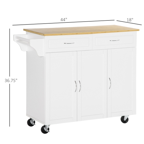 HOMCOM Rolling Kitchen Island on Wheels with Bamboo Countertop, Kitchen Cart with Storage Cabinets, Drawers, Adjustable Shelves and Towel Rack for