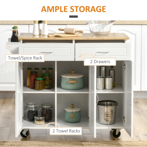 HOMCOM Rolling Kitchen Island on Wheels with Bamboo Countertop, Kitchen Cart with Storage Cabinets, Drawers, Adjustable Shelves and Towel Rack for