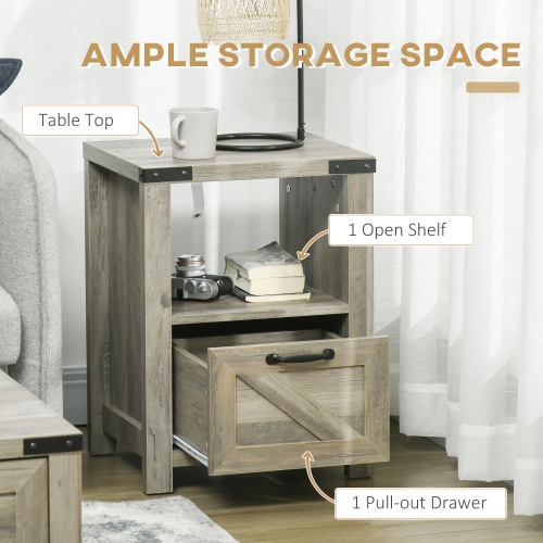 Table d'appoint avec rangement de HOMCOM, table de bout avec tiroir, tablette ouverte et panneau de style grange, table de chevet pour salon, chambre