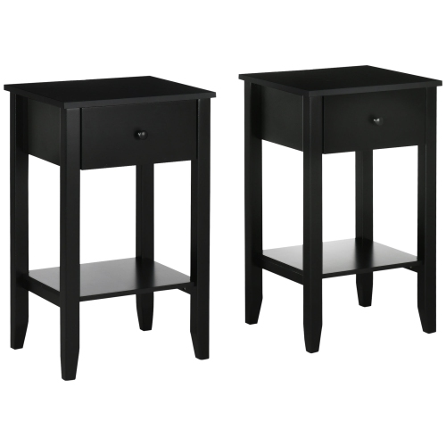 HOMCOM  Side Table Set Of 2, End Tables With Drawer And Bottom Shelf, 2-Tier Nightstand for Bedroom, Living Room In Black