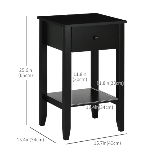 HOMCOM Side Table Set of 2, End Tables with Drawer and Bottom Shelf, 2-tier Nightstand for Bedroom, Living Room, Black