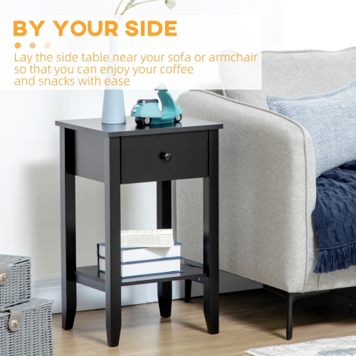 HOMCOM Side Table Set of 2, End Tables with Drawer and Bottom Shelf, 2-tier Nightstand for Bedroom, Living Room, Black