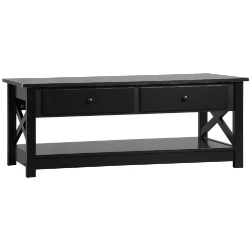 HOMCOM Coffee Table with Storage, Farmhouse Living Room Table with Drawers and Open Shelf, Centre Table with X-frames, Black