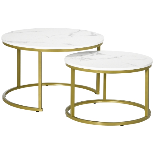 HOMCOM  " Nesting Tables, 29"" Round Coffee Table Set Of 2, Modern Side Tables for Living Room With Metal Base, Faux Marbled White"