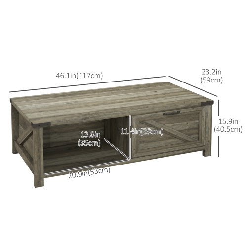 HOMCOM – Table basse Farmhouse avec tiroir et tablette de rangement, table centrale rustique pour le salon, salle de réunion, gris