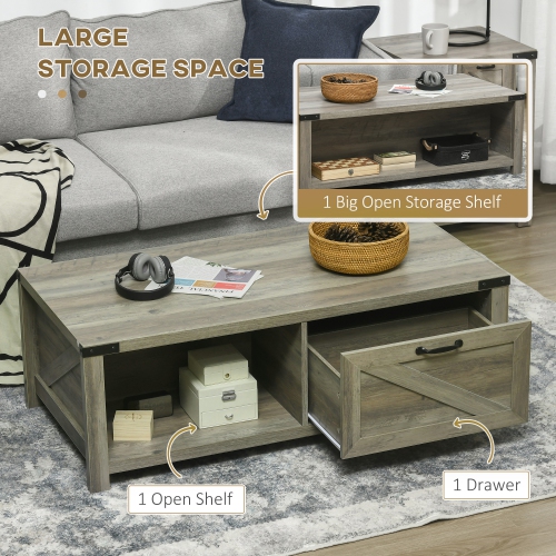 HOMCOM – Table basse Farmhouse avec tiroir et tablette de rangement, table centrale rustique pour le salon, salle de réunion, gris