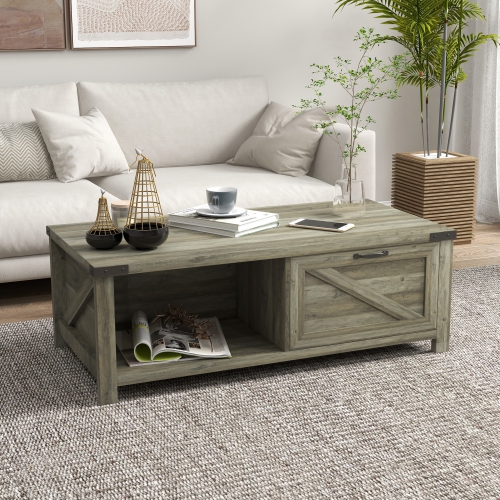 HOMCOM – Table basse Farmhouse avec tiroir et tablette de rangement, table centrale rustique pour le salon, salle de réunion, gris