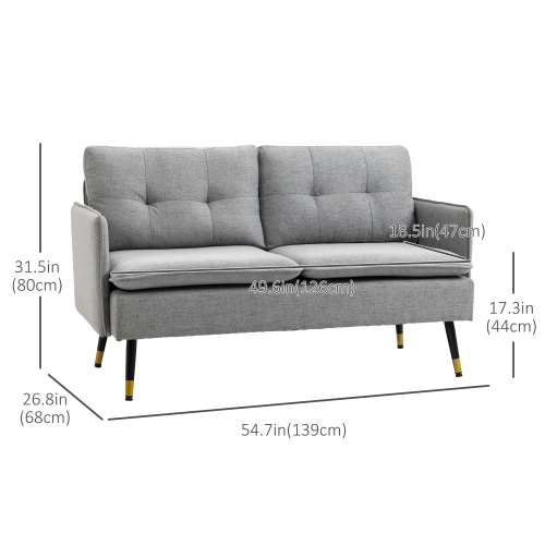 HOMCOM 55" Loveseat Sofa, Linen Upholstered Love Seat with S spring, Steel Legs and Button Tufting, Small Couch for Living Room, Bedroom, Office,
