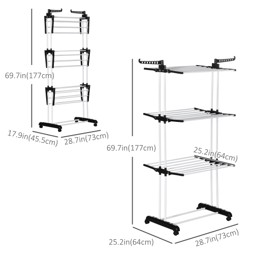 HOMCOM Foldable Clothes Drying Rack, 4-Tier Steel Laundry Rack for Drying Clothes with 2 Side Wings and 4 Castors, Indoor and Outdoor Use, Black