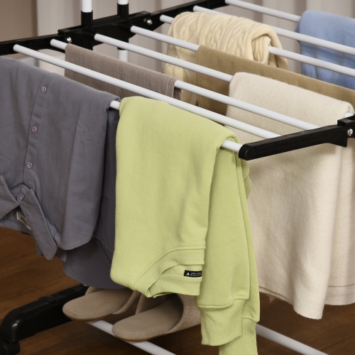 HOMCOM Foldable Clothes Drying Rack, 4-Tier Steel Laundry Rack for Drying Clothes with 2 Side Wings and 4 Castors, Indoor and Outdoor Use, Black