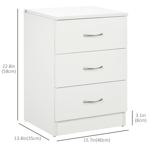 HOMCOM Bedside Table with 3 Drawers, Modern Wood Nightstand, Side Table with Anti-tipping Design for Bedroom, White