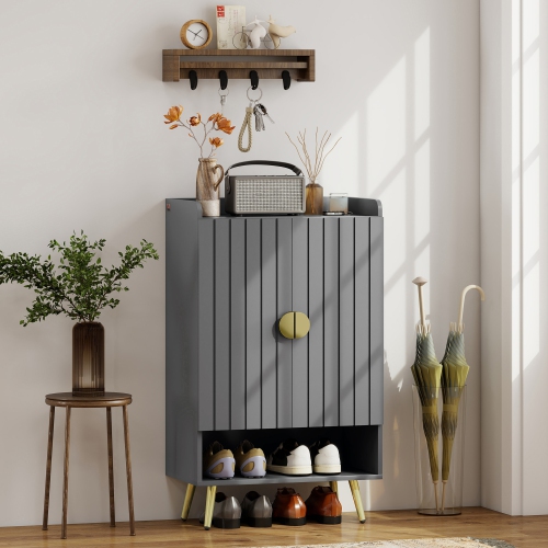 HOMCOM Narrow Shoe Cabinet for Entryway, Shoe Storage Cabinet with 2 Doors, Adjustable Shelves, Open Compartment and Steel Legs for Hallway, Living