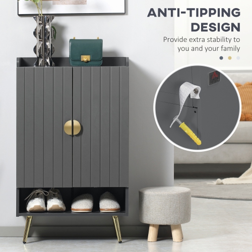 HOMCOM Narrow Shoe Cabinet for Entryway, Shoe Storage Cabinet with 2 Doors, Adjustable Shelves, Open Compartment and Steel Legs for Hallway, Living
