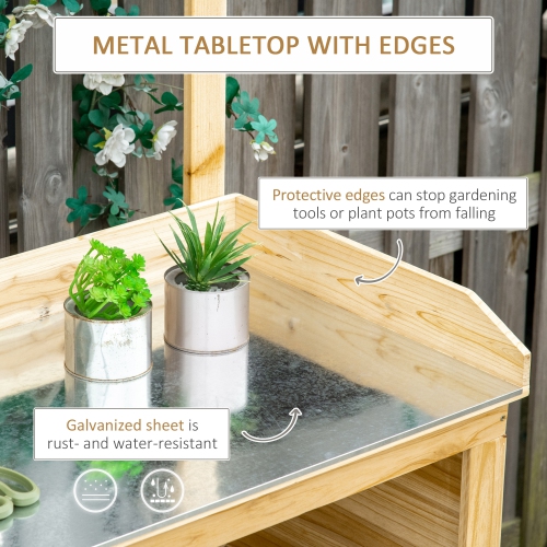 Outsunny Potting Bench Table, Wooden Garden Workstation Bench with Galvanized Metal Tabletop, Storage Shelves and Hooks for Patios, Courtyards,