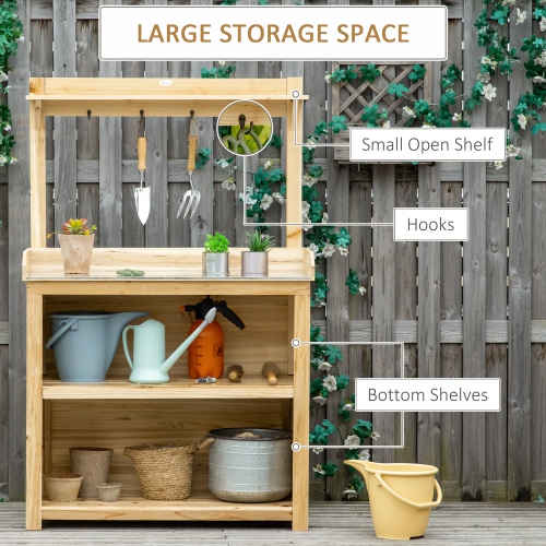 Outsunny Potting Bench Table, Wooden Garden Workstation Bench with Galvanized Metal Tabletop, Storage Shelves and Hooks for Patios, Courtyards,