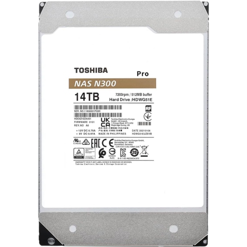 Toshiba N300 PRO 14TB 3.5-Inch Internal Hard Drive - Up to 300 TB/Year Workload Rate CMR SATA 6 GB/s 7200 RPM 512 MB Cache - HDWG51EXZSTB