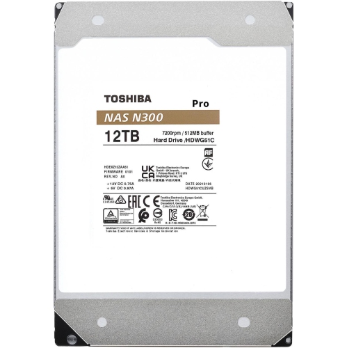 Toshiba N300 PRO 12TB 3.5-Inch Internal Hard Drive - Up to 300 TB/Year Workload Rate CMR SATA 6 GB/s 7200 RPM 512 MB Cache - HDWG51CXZSTB