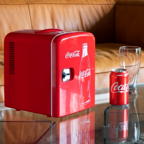 Coca-Cola Classic Coke Bottle 4L Mini Fridge w/ 12V DC and 110V AC Cords, 6 Can Portable Cooler, Personal Travel Refrigerator Red