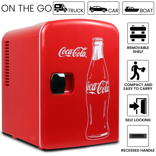 Coca-Cola Classic Coke Bottle 4L Mini Fridge w/ 12V DC and 110V AC Cords, 6 Can Portable Cooler, Personal Travel Refrigerator Red