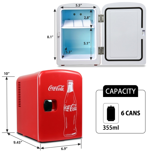 Coca-Cola Classic Coke Bottle 4L Mini Fridge w/ 12V DC and 110V AC Cords, 6 Can Portable Cooler, Personal Travel Refrigerator Red