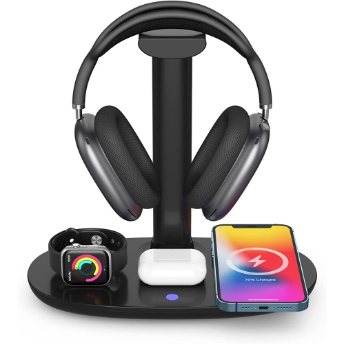 15W Dock 4 in 1 Wireless Charging Station Dock & Gaming Headphone Stand for iPhone 17/16/15/14/13/12/11/ iWatch Series 11/10/9/8/7 for AirPods1/2/3