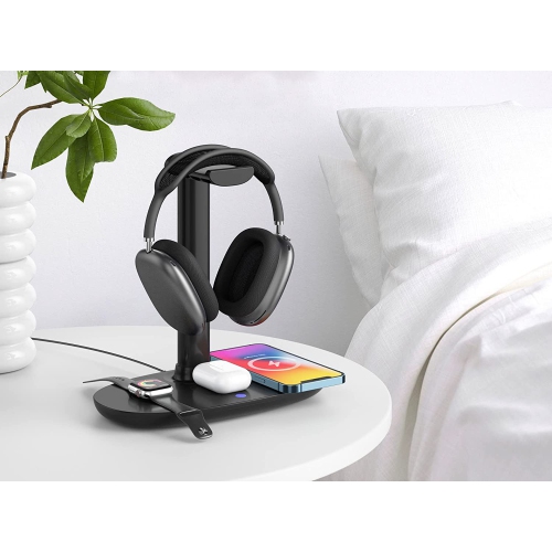 15W Dock 4 in 1 Wireless Charging Station Dock & Gaming Headphone Stand for iPhone 17/16/15/14/13/12/11/ iWatch Series 11/10/9/8/7 for AirPods1/2/3