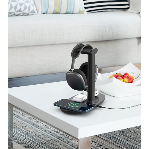 15W Dock 4 in 1 Wireless Charging Station Dock & Gaming Headphone Stand for iPhone 17/16/15/14/13/12/11/ iWatch Series 11/10/9/8/7 for AirPods1/2/3